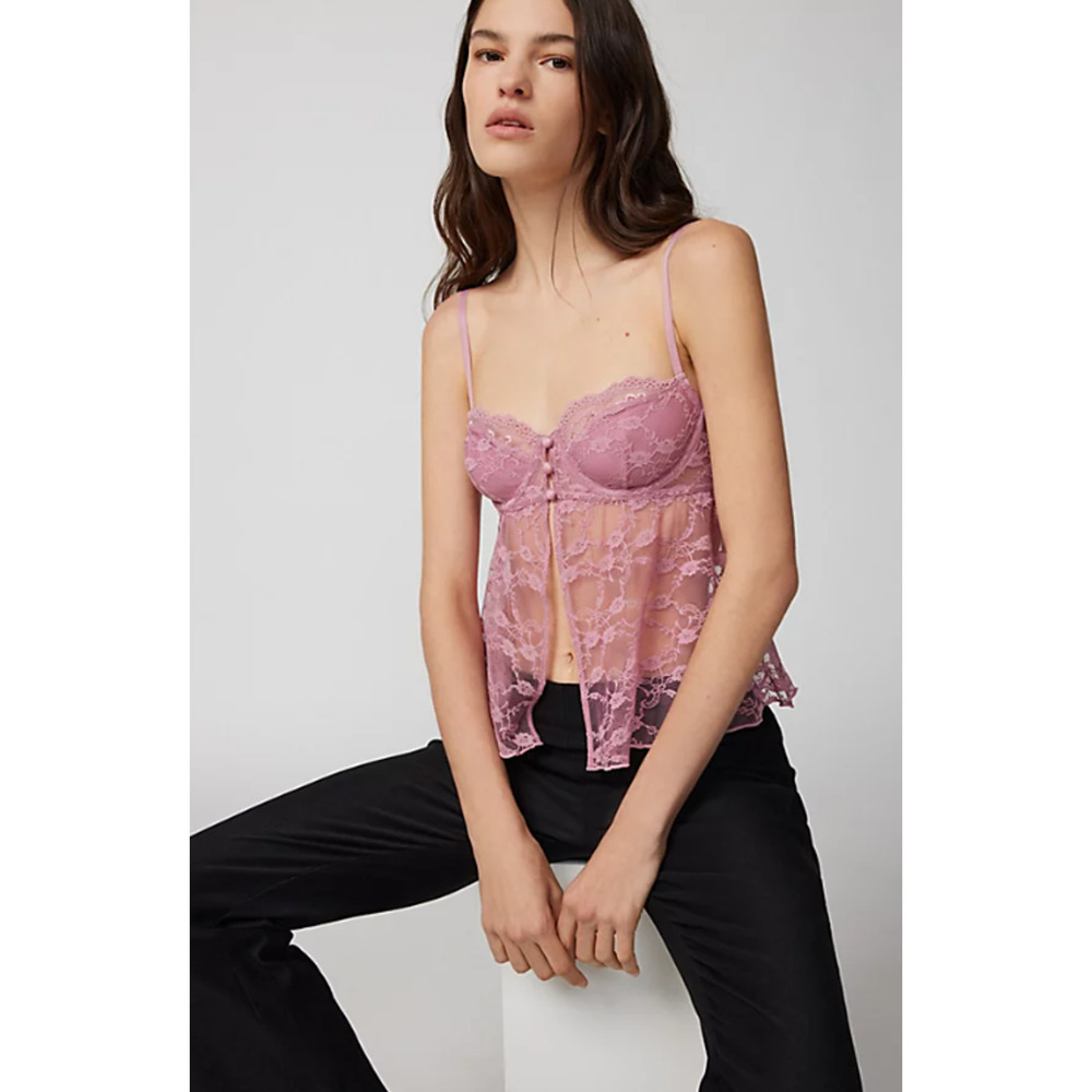 Out From Under Cherie Sheer Lace Babydoll Cami Rose Pink Small
